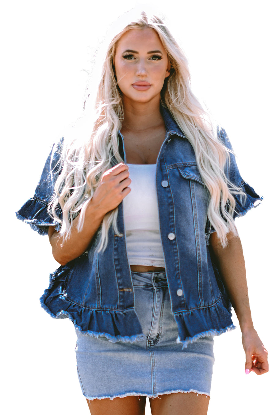 Bella Love Boutique California LLC Outerwear/Denim jackets Peacock Blue Raw Edge Ruffled Short Sleeve Denim Jacket