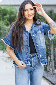 Bella Love Boutique California LLC Outerwear/Denim jackets Peacock Blue Raw Edge Ruffled Short Sleeve Denim Jacket