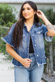 Bella Love Boutique California LLC Outerwear/Denim jackets Peacock Blue Raw Edge Ruffled Short Sleeve Denim Jacket