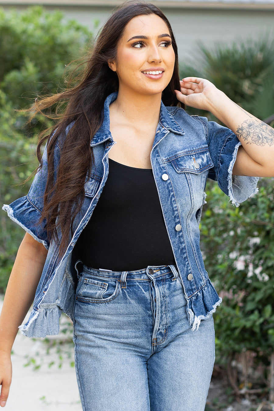 Bella Love Boutique California LLC Outerwear/Denim jackets Peacock Blue Raw Edge Ruffled Short Sleeve Denim Jacket