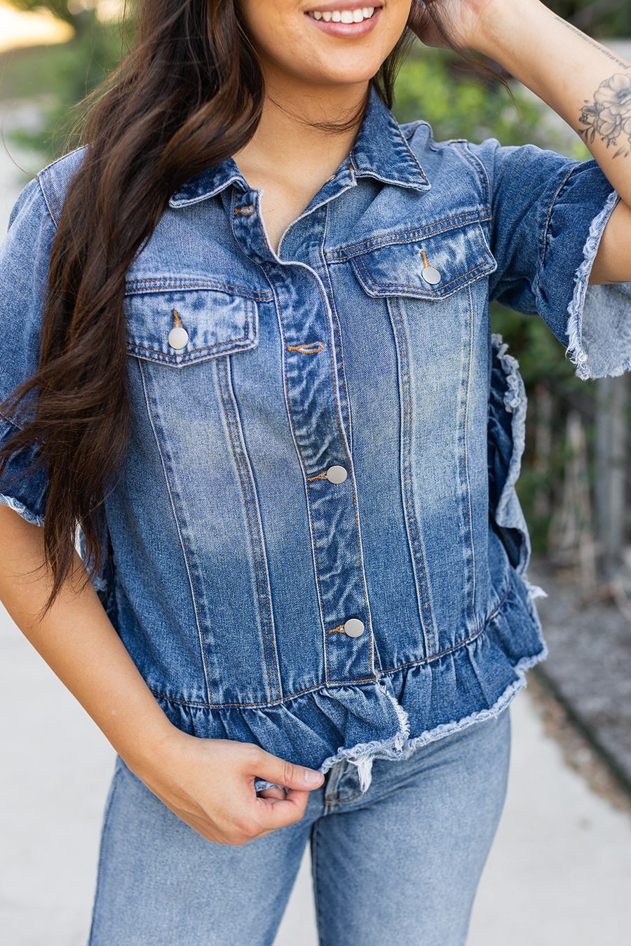 Bella Love Boutique California LLC Outerwear/Denim jackets Peacock Blue Raw Edge Ruffled Short Sleeve Denim Jacket