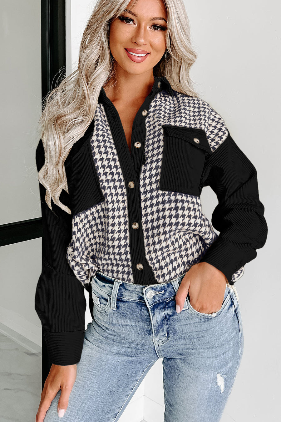 Bella Love Boutique California LLC Outerwear/Jackets Black Houndstooth Corduroy Patchwork Flap Pocket Shacket