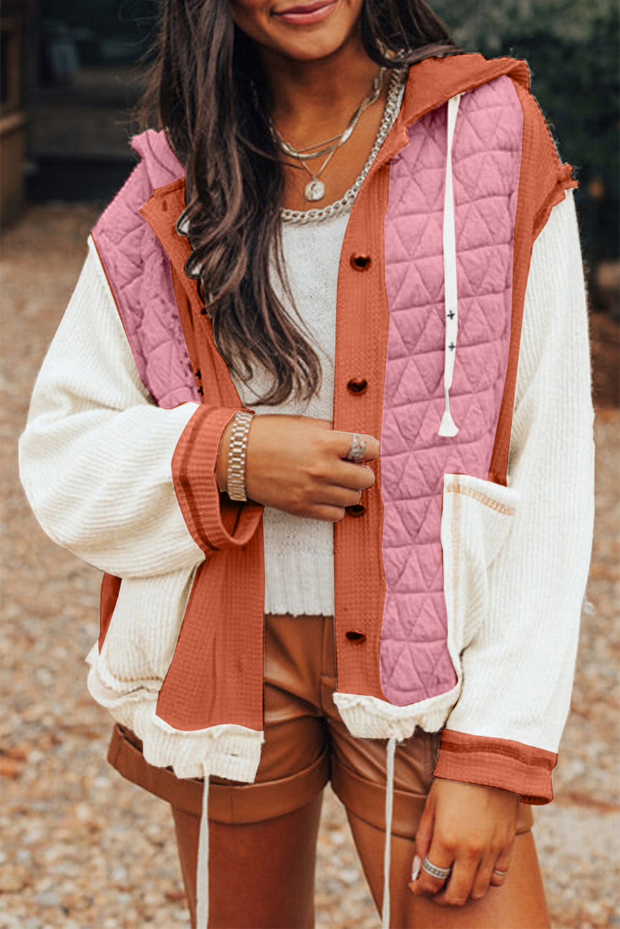 Bella Love Boutique California LLC Outerwear/Jackets Coral / S / 95%Polyester+5%Elastane Light Blue Quilted Textured Patchwork Loose Fit Hooded Jacket