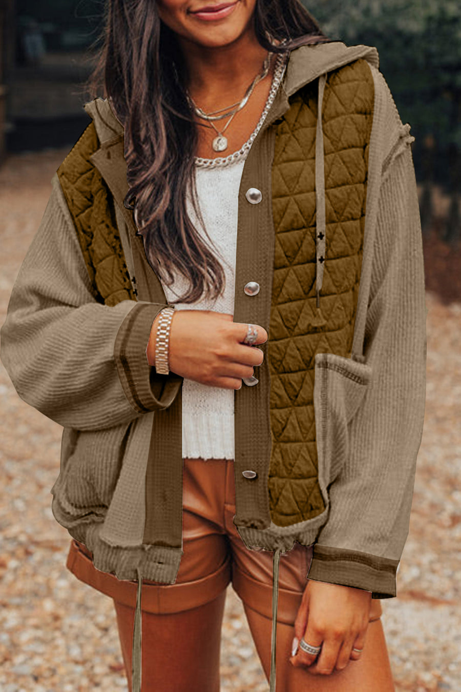 Bella Love Boutique California LLC Outerwear/Jackets Jungle Green / S / 95%Polyester+5%Elastane Light Blue Quilted Textured Patchwork Loose Fit Hooded Jacket