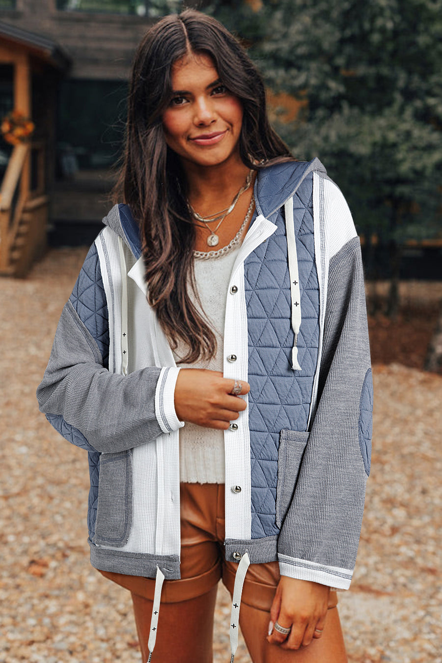 Bella Love Boutique California LLC Outerwear/Jackets Light Blue Quilted Textured Patchwork Loose Fit Hooded Jacket