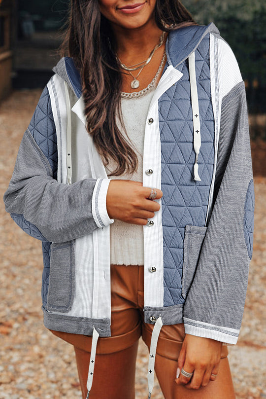 Bella Love Boutique California LLC Outerwear/Jackets Light Blue / S / 95%Polyester+5%Elastane Light Blue Quilted Textured Patchwork Loose Fit Hooded Jacket