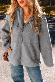 Bella Love Boutique California LLC Outerwear/Jackets Medium Grey / S / 100%Polyester Teddy Fleece Zip Up Drawstring Hooded Pocketed Jacket