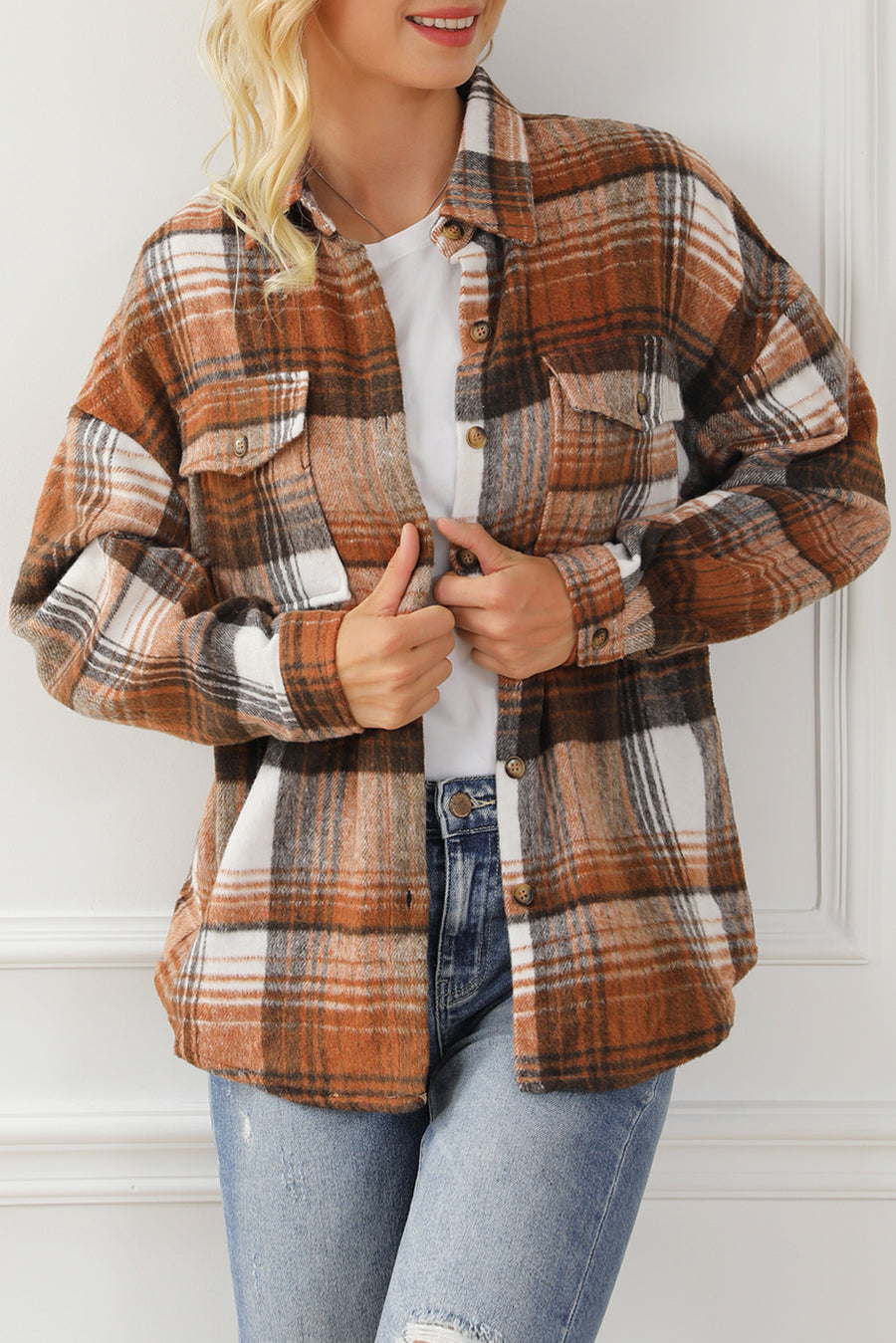 Bella Love Boutique California LLC Outerwear/Plaid Shackets Brown Plaid Flap Pockets Shacket