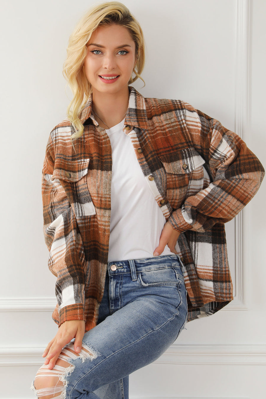 Bella Love Boutique California LLC Outerwear/Plaid Shackets Brown Plaid Flap Pockets Shacket