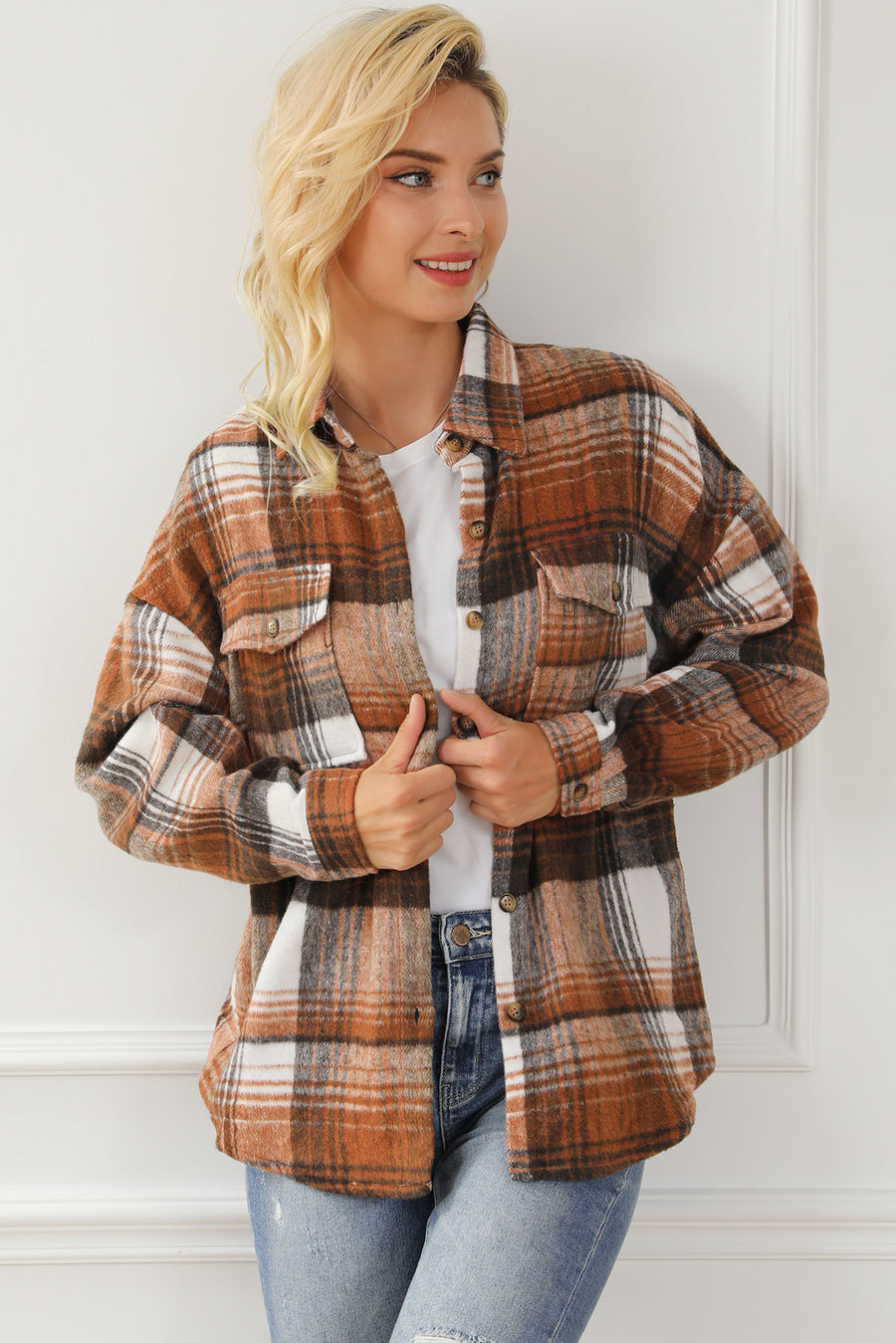 Bella Love Boutique California LLC Outerwear/Plaid Shackets Brown Plaid Flap Pockets Shacket