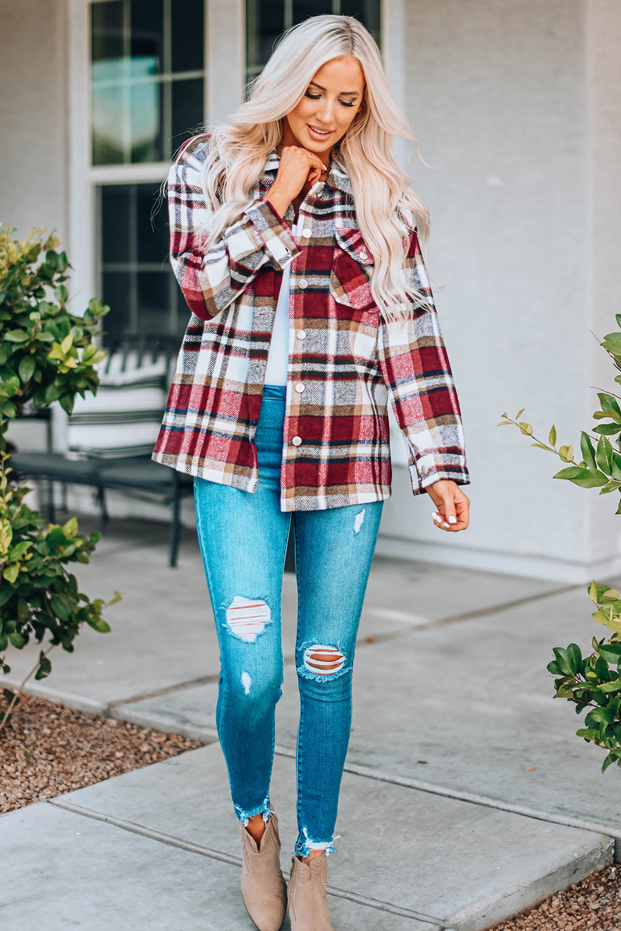 Fiery Red Geometric Plaid Print Pocketed Shacket