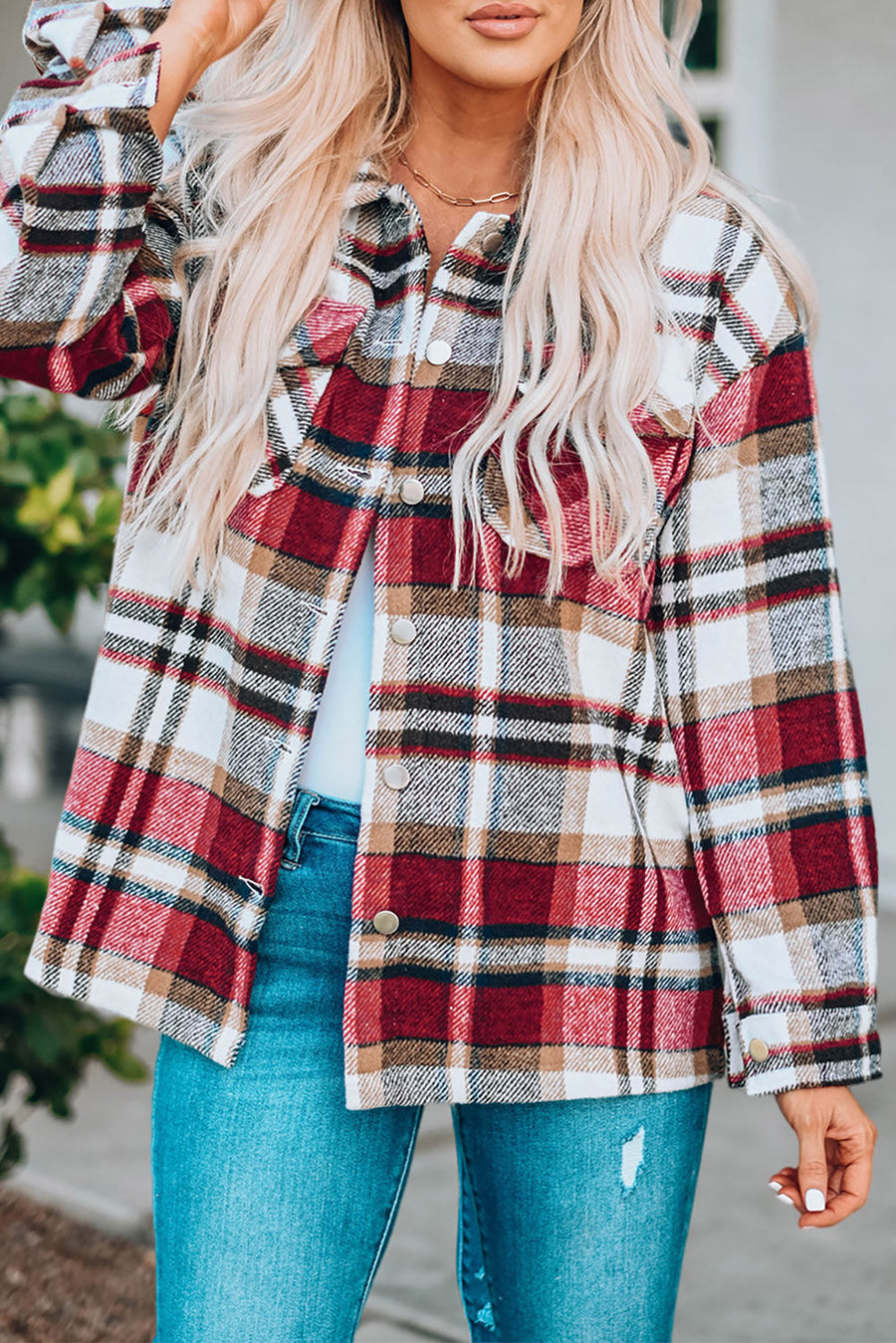 Fiery Red Geometric Plaid Print Pocketed Shacket