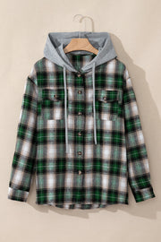 Bella Love Boutique California LLC Outerwear/Plaid Shackets Green Plaid Print Chest Pocket Buttoned Hooded Shacket