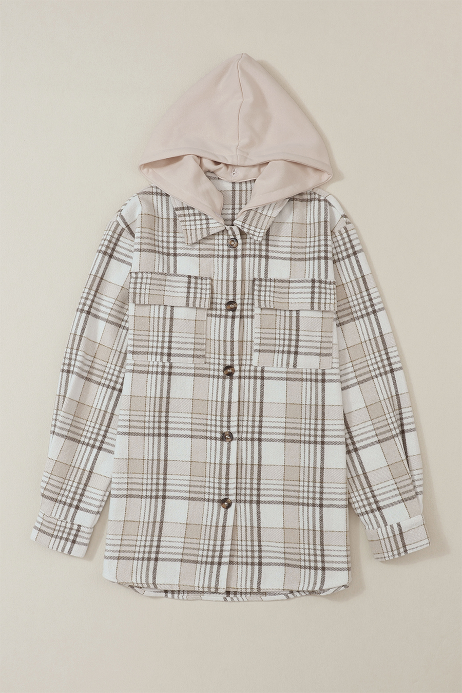 Khaki Plaid Removable Hood Buttoned Shacket