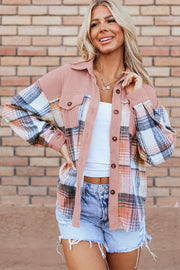 Bella Love Boutique California LLC Outerwear/Plaid Shackets Light Pink / S / 100%Polyester Cinnamon Plaid Corduroy Patchwork Chest Pocket Shacket