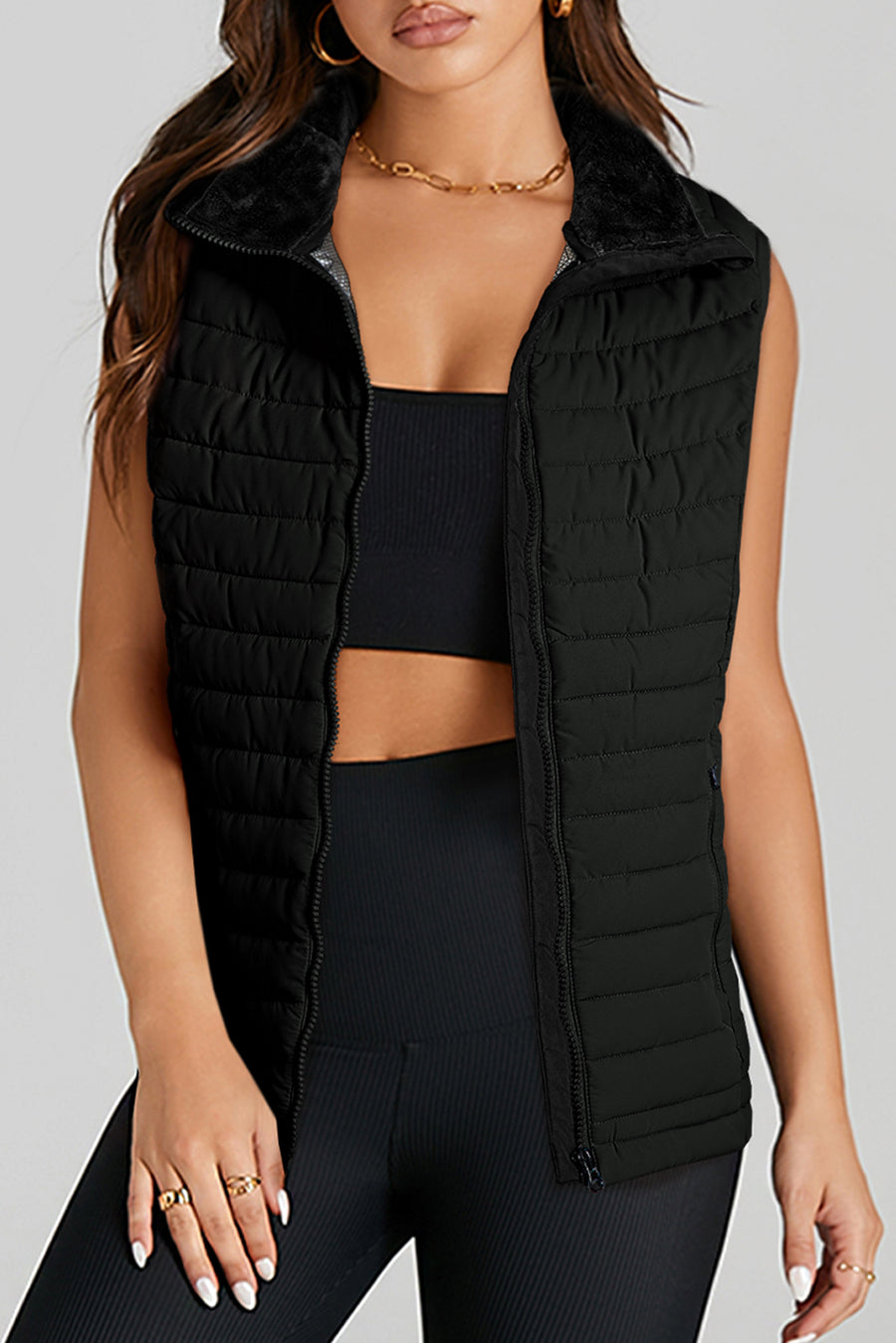 Bella Love Boutique California LLC Outerwear/Vests Black / S / 100%Polyester Sky Blue Plush Collared Quilted Zipped Puffer Vest