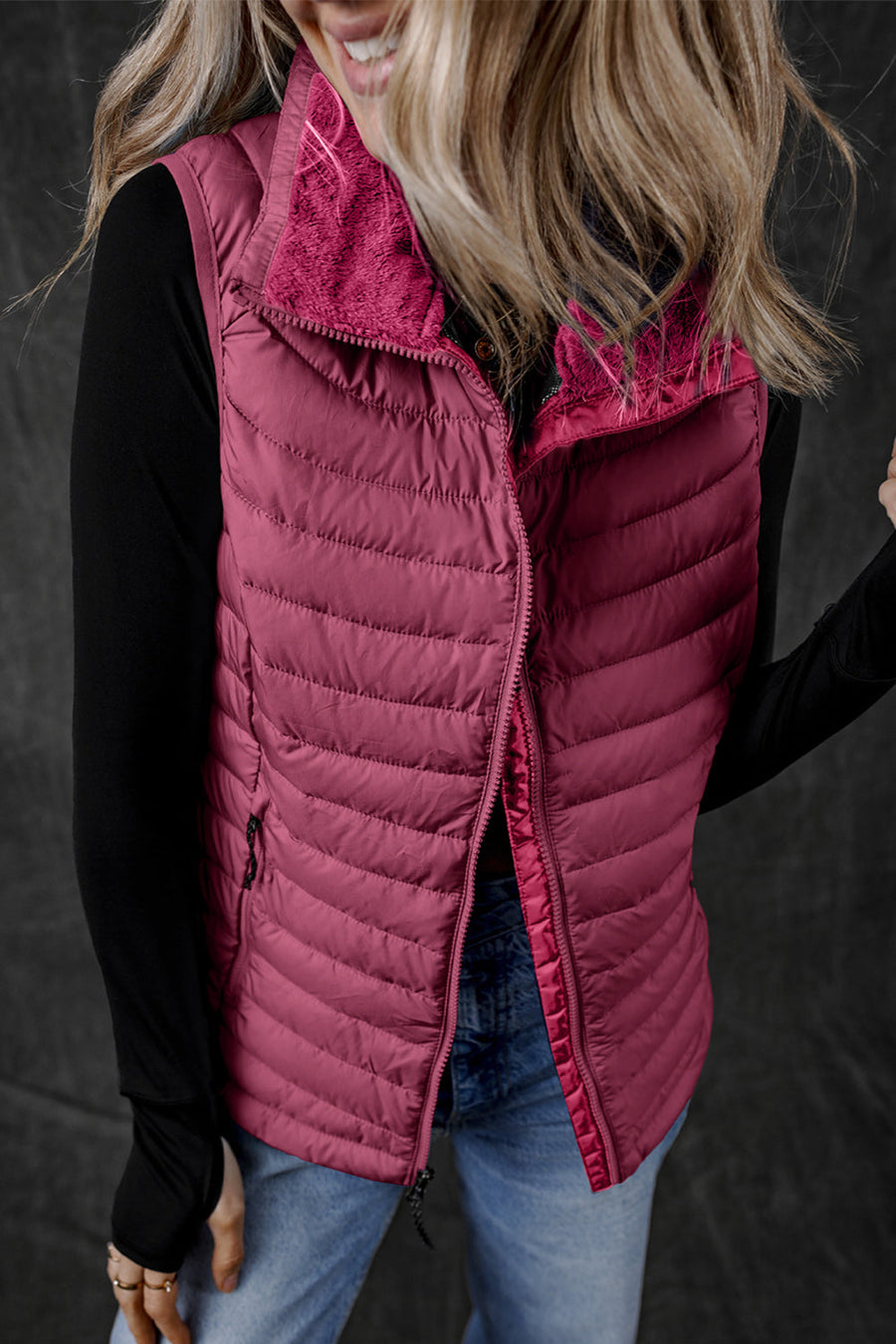 Bella Love Boutique California LLC Outerwear/Vests Burgundy / S / 100%Polyester Sky Blue Plush Collared Quilted Zipped Puffer Vest