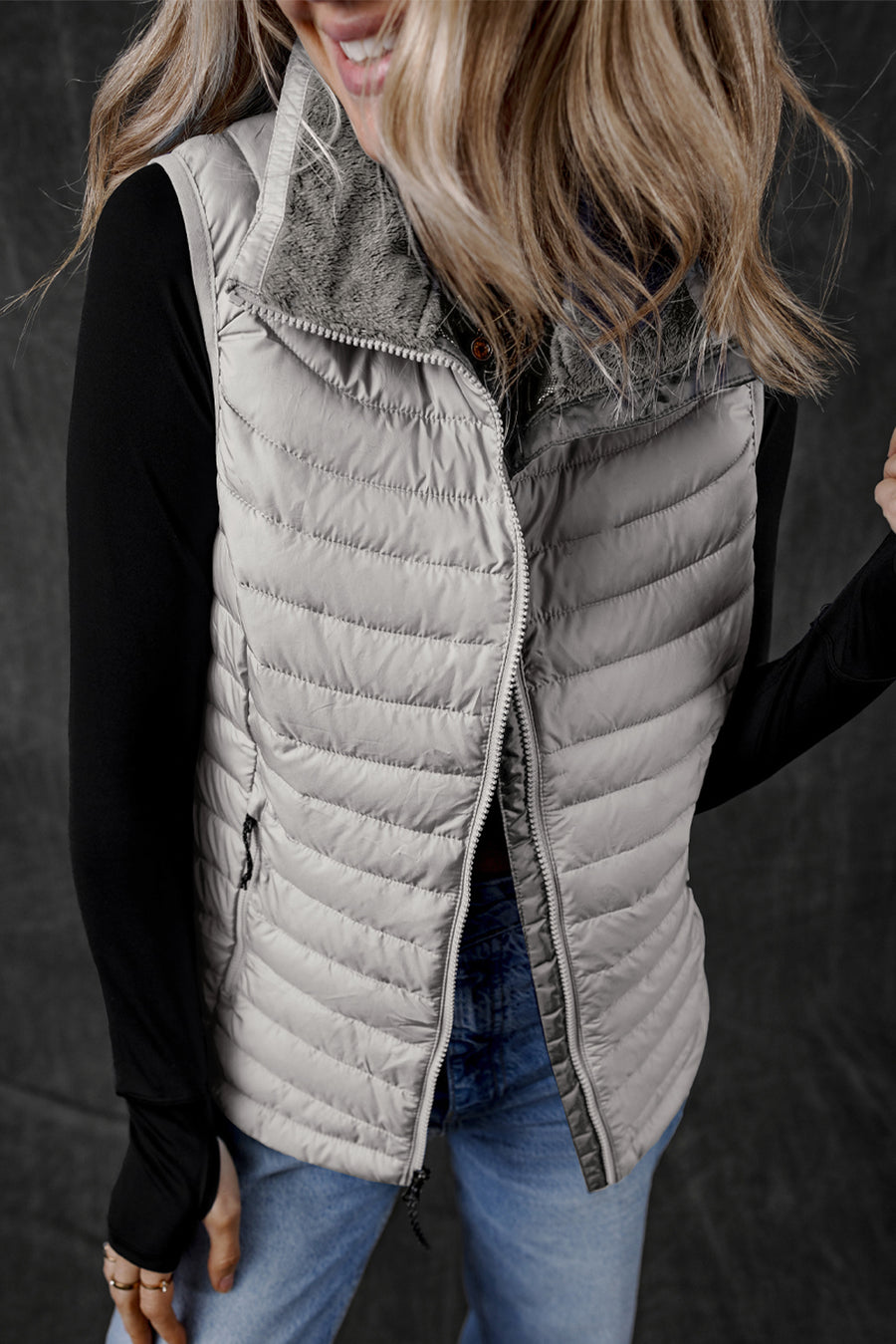 Bella Love Boutique California LLC Outerwear/Vests Silvery / S / 100%Polyester Sky Blue Plush Collared Quilted Zipped Puffer Vest