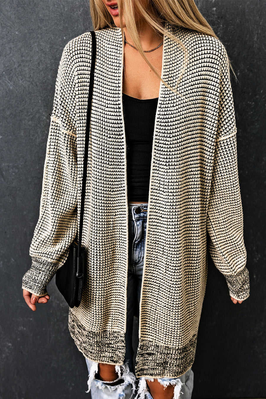 Apricot Plaid Knitted Long Open Front Cardigan