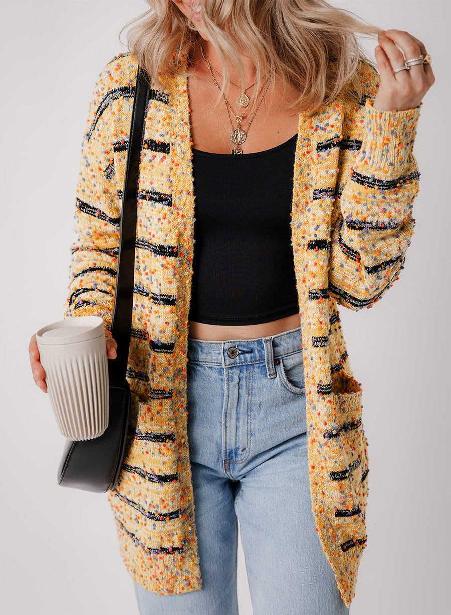 Bella Love Boutique California LLC Sweaters & Cardigans/Cardigans Beige / S / 50%Polyester+30%Polyamide+20%Acrylic Beige Striped Pom Pom Knit Open Front Long Cardigan