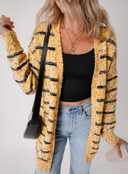 Bella Love Boutique California LLC Sweaters & Cardigans/Cardigans Beige Striped Pom Pom Knit Open Front Long Cardigan