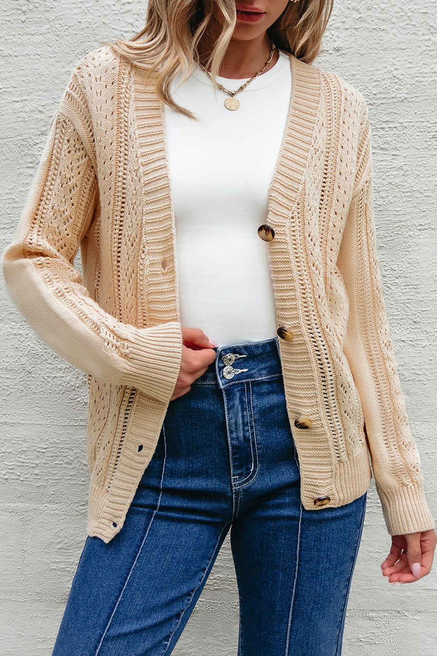 Bella Love Boutique California LLC Sweaters & Cardigans/Cardigans Dark Khaki Open Knit Drop Shoulder Sweater Cardigan