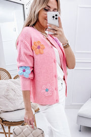 Bella Love Boutique California LLC Sweaters & Cardigans/Cardigans Pink Cute Knitted Floral Pattern Button Up Cardigan