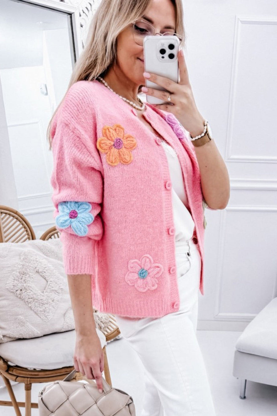 Bella Love Boutique California LLC Sweaters & Cardigans/Cardigans Pink Cute Knitted Floral Pattern Button Up Cardigan