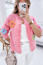 Bella Love Boutique California LLC Sweaters & Cardigans/Cardigans Pink Cute Knitted Floral Pattern Button Up Cardigan