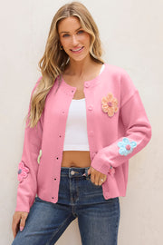 Bella Love Boutique California LLC Sweaters & Cardigans/Cardigans Pink Cute Knitted Floral Pattern Button Up Cardigan