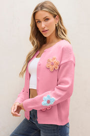 Bella Love Boutique California LLC Sweaters & Cardigans/Cardigans Pink Cute Knitted Floral Pattern Button Up Cardigan