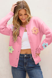 Bella Love Boutique California LLC Sweaters & Cardigans/Cardigans Pink Cute Knitted Floral Pattern Button Up Cardigan