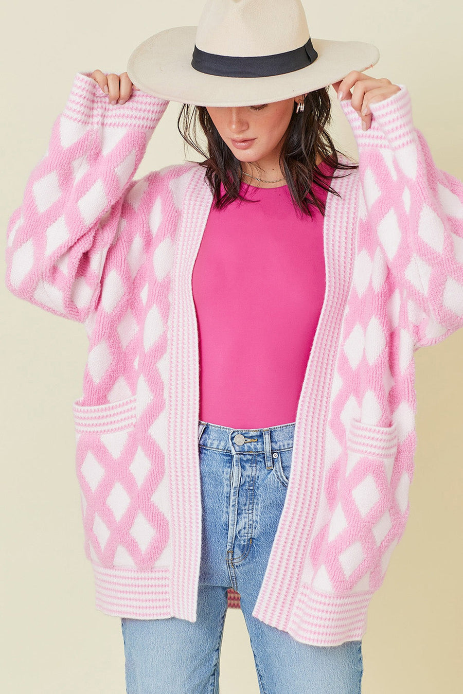 Bella Love Boutique California LLC Sweaters & Cardigans/Cardigans Pink Rhombus Pattern Knit Open Front Pocketed Cardigans