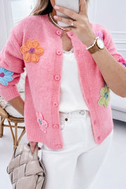 Bella Love Boutique California LLC Sweaters & Cardigans/Cardigans Pink / S / 42%Acrylic+30%Polyester+28%Polyamide Pink Cute Knitted Floral Pattern Button Up Cardigan