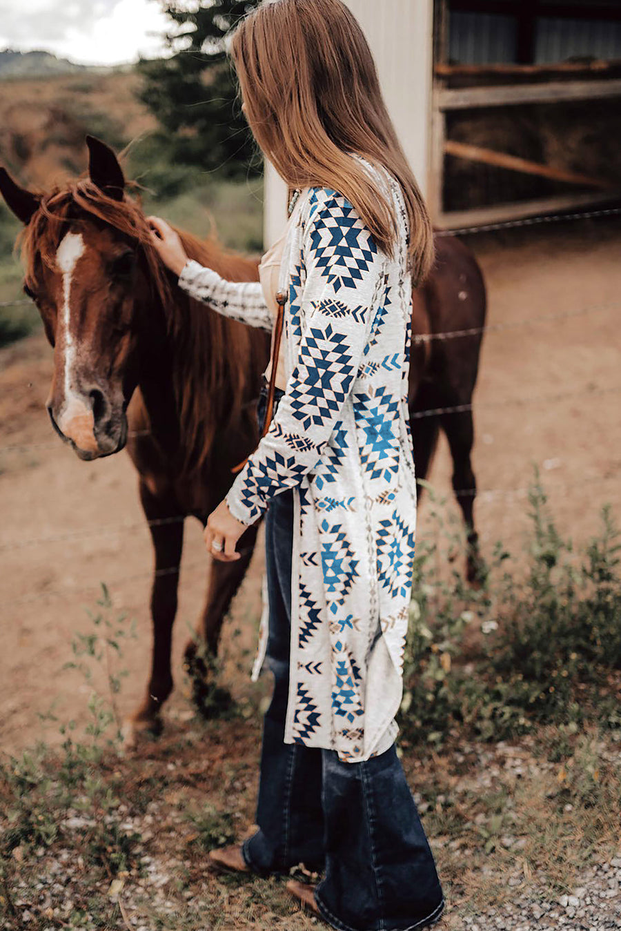 Bella Love Boutique California LLC Sweaters & Cardigans/Cardigans Sky Blue Western Aztec Printed Open Front Long Cardigan