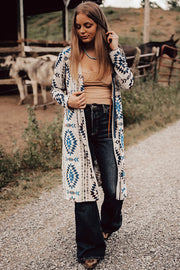 Bella Love Boutique California LLC Sweaters & Cardigans/Cardigans Sky Blue Western Aztec Printed Open Front Long Cardigan