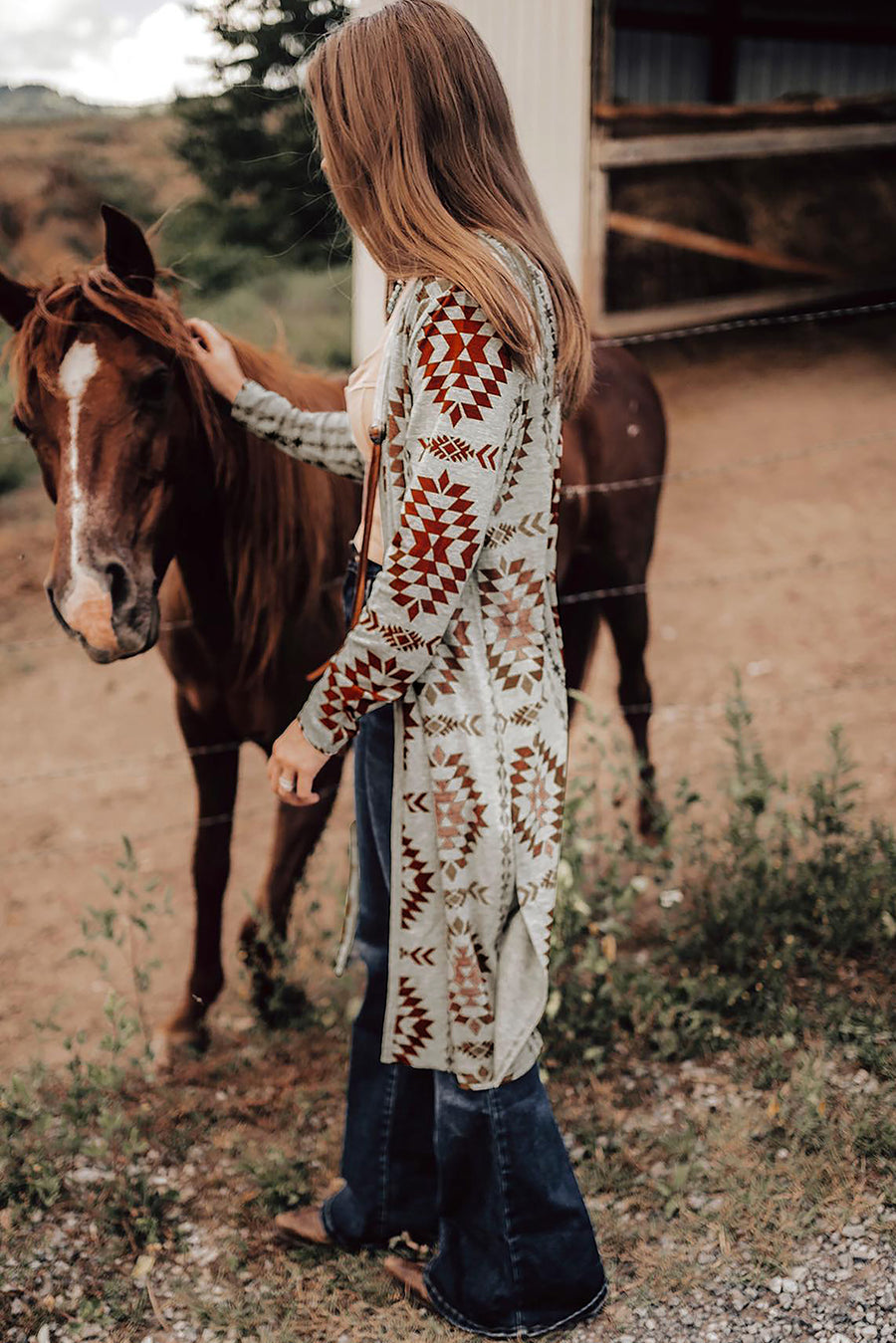 Bella Love Boutique California LLC Sweaters & Cardigans/Cardigans Sky Blue Western Aztec Printed Open Front Long Cardigan