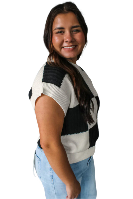 Bella Love Boutique California LLC Sweaters & Cardigans/Short Sleeve Sweaters Black Checkered Color Block Crew Neck Short Sleeve Sweater