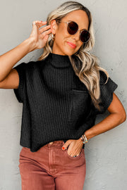 Bella Love Boutique California LLC Sweaters & Cardigans/Short Sleeve Sweaters Black Patch Pocket Ribbed Knit Short Sleeve Sweater