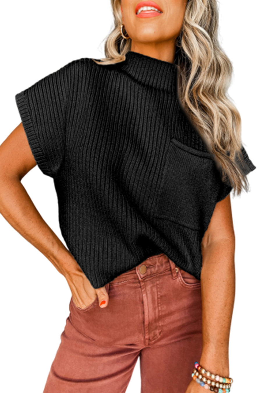 Bella Love Boutique California LLC Sweaters & Cardigans/Short Sleeve Sweaters Black Patch Pocket Ribbed Knit Short Sleeve Sweater