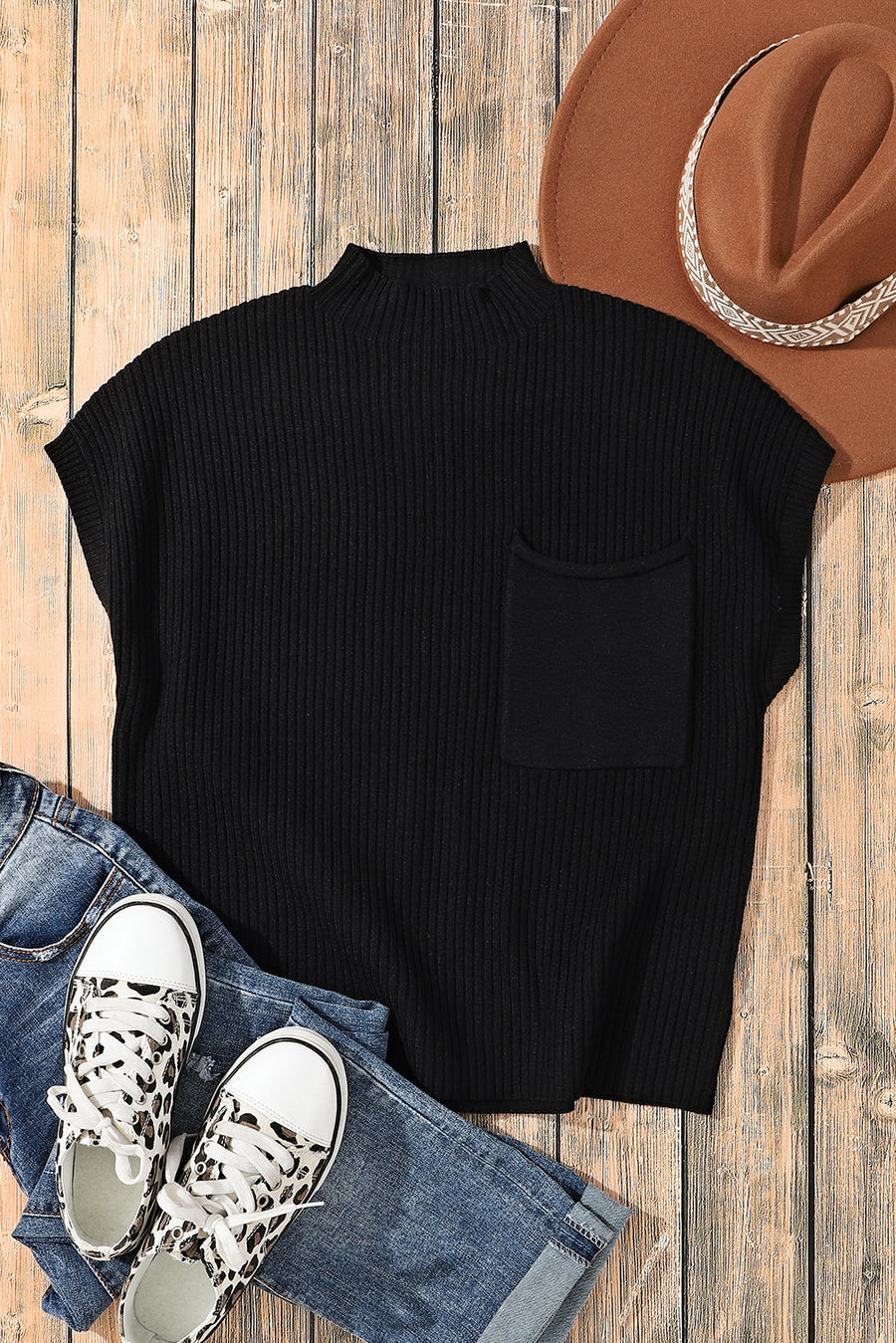 Bella Love Boutique California LLC Sweaters & Cardigans/Short Sleeve Sweaters Black Patch Pocket Ribbed Knit Short Sleeve Sweater