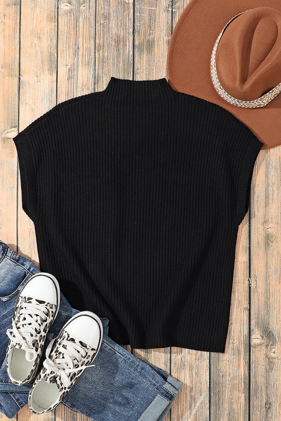 Bella Love Boutique California LLC Sweaters & Cardigans/Short Sleeve Sweaters Black Patch Pocket Ribbed Knit Short Sleeve Sweater