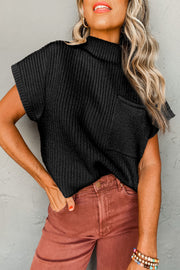 Bella Love Boutique California LLC Sweaters & Cardigans/Short Sleeve Sweaters Black / S / 50%Viscose+28%Polyester+22%Polyamide Black Patch Pocket Ribbed Knit Short Sleeve Sweater