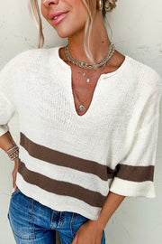 Bella Love Boutique California LLC Sweaters & Cardigans/Short Sleeve Sweaters Brown Stripe / S / 100%Acrylic Brown Striped Accent Notched V Neck Cropped Sweater T Shirt