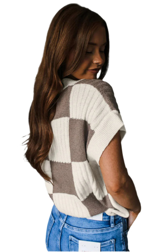 Bella Love Boutique California LLC Sweaters & Cardigans/Short Sleeve Sweaters Checkered Color Block Crew Neck Short Sleeve Sweater