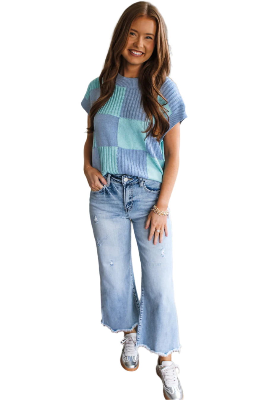 Bella Love Boutique California LLC Sweaters & Cardigans/Short Sleeve Sweaters Checkered Color Block Crew Neck Short Sleeve Sweater
