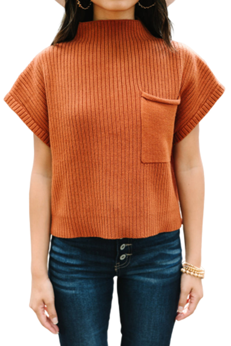 Bella Love Boutique California LLC Sweaters & Cardigans/Short Sleeve Sweaters Gold Flame Patch Pocket Ribbed Knit Short Sleeve Sweater