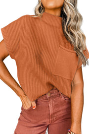 Bella Love Boutique California LLC Sweaters & Cardigans/Short Sleeve Sweaters Gold Flame Patch Pocket Ribbed Knit Short Sleeve Sweater