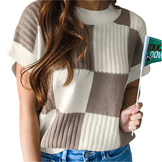 Bella Love Boutique California LLC Sweaters & Cardigans/Short Sleeve Sweaters Khaki / S / 100%Acrylic Checkered Color Block Crew Neck Short Sleeve Sweater