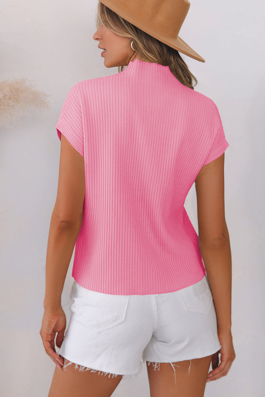 Bella Love Boutique California LLC Sweaters & Cardigans/Short Sleeve Sweaters Pink Patch Pocket Ribbed Knit Short Sleeve Sweater